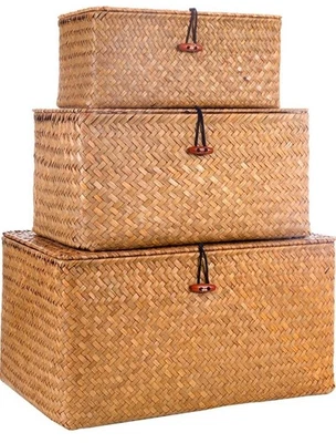 Contenedores de almacenamiento de mimbre decorativos con tapas, cestas de almacenamiento de pastos marinos tejidos para niños Foto 1 de 4