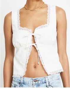 Kourt Women's Odette White Lace Trim Tie-Front Linen Blend Crop Top Size 6 NWOT - Picture 1 of 14