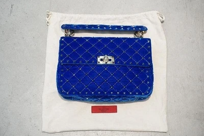 VALENTINO GARAVANI Rockstud Spike Chain Shoulder Bag Blue Velvet USED w/Dustbag - Image 1 of 4