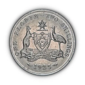 AUSTRALIA. 1925, Florin, Silver - KGV, Melbourne & Sydney, Kangaroo, Emu 1 - Picture 1 of 3