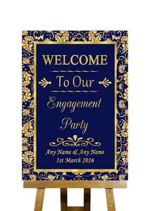 Personalisiertes Hochzeitsschild blau und gold Willkommen Verlobung Party - Bild 1 von 8