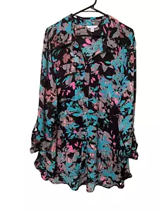 NWT Boutique Brand Button Tunic Blouse Roll Tab Floral Black Blue Pink Womens 3X - Picture 1 of 15