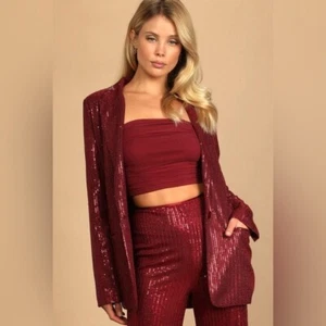 Lulus You've Got the Sparkle weinroter Pailletten Blazer Schulterpolster Größe Small - Bild 1 von 16
