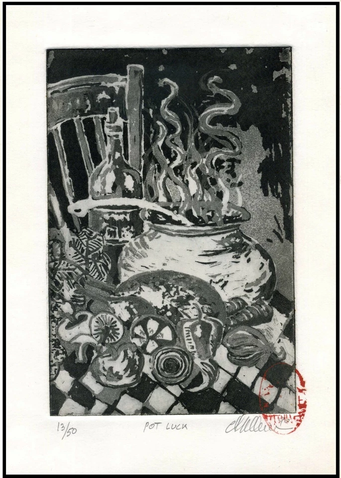 POTLUCK Vegetables Wine Soup Bowl Tablescape. Original LINOCUT signed - Image 1 of 1