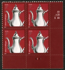#3754 3c Silver Coffee Pot, Plate Block [S1111 LR], Mint **ANY 5=FREE SHIPPING** - Picture 1 of 1