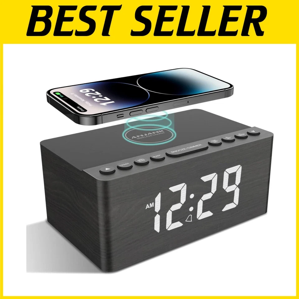 Wooden Digital Alarm Clock FM Radio 10w Fast Wireless Charger Station for Grey