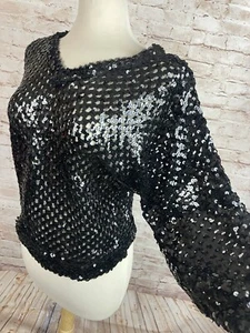 Vintage 70's Miss H Styled Top Black Sequin Net Glam Disco Party Studio 54 Med - Picture 1 of 9