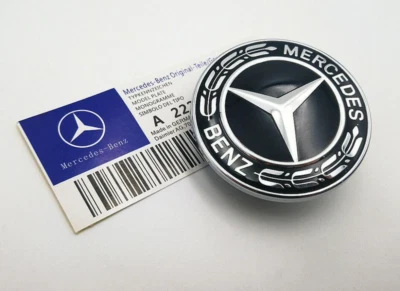 For Mercedes Hood Emblem Classic Black Front Flat Laurel Wreath Badge Chrome New - Image 1 of 2