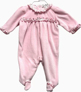 Kissy Kissy Solid Pink Velour Footed Romper w/Rose Print Ruffles, NB - Picture 1 of 3