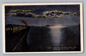 Utah UT Ogden Lucin abgeschnittene Eisenbahn Mondschein Salt Lake Leinen Postkarte 1930-45 - Bild 1 von 2