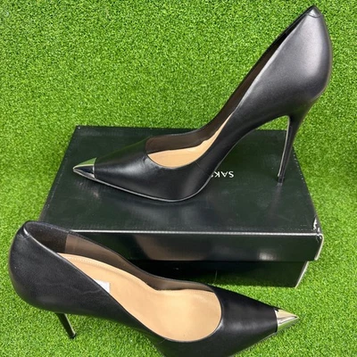 Saks Fifth Avenue Black Leather Pointed Toe High Heeled Stiletto Pumps Sz 11 - Image 1 of 4