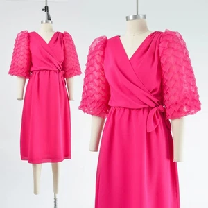 Abito midi cocktail vintage anni 80 Miss Elliette fucsia trasparente manica a sbuffo taglia S M - Foto 1 di 9