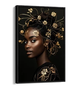 PORTRAIT OF WOMAN WITH GOLD LEAVES -FLOAT EFFECT FRAMED CANVAS WALL ART PRINT - Picture 1 of 12