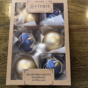 Vitbis Glas Ornamente 6er Set Gold und Blau. Handmade In Poland Neu In Box - Bild 1 von 13