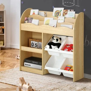 Oikiture Kids Bookshelf 4 Bins Toy Box Storage Organiser Display Shelf - Picture 1 of 10