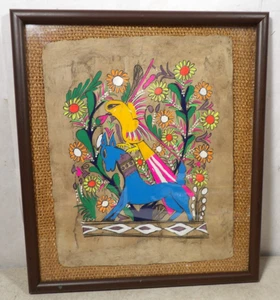 VTG 1960s Amate Tree Bark Folk Art Framed Vibrant Colors Handmade 16"x14" Mexico - Picture 1 of 4
