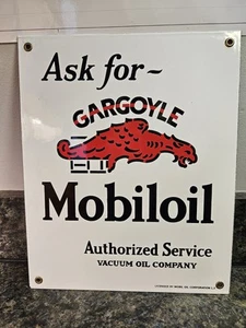 Vintage Enameled Porcelain Mobiloil Sign ~ Ask for Gargoyle ~ (Lot 156) - Picture 1 of 5