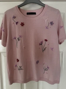 M&S Womens Pink Knit Short Sleeve Embellished Beaded Jumper Top Size 16 - Picture 1 of 5