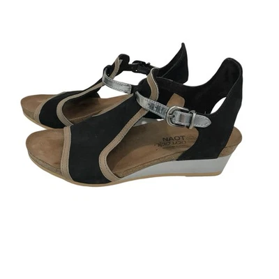 Sandalia Naot Fiona para mujer talla 37 6 cuero negro tacón de cuña zapato enjaulado punta abierta Foto 1 de 4