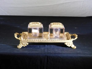 Antique c1890 Intricatly Forged Brass Double InkWell Flared Feet/Handles - Picture 1 of 16
