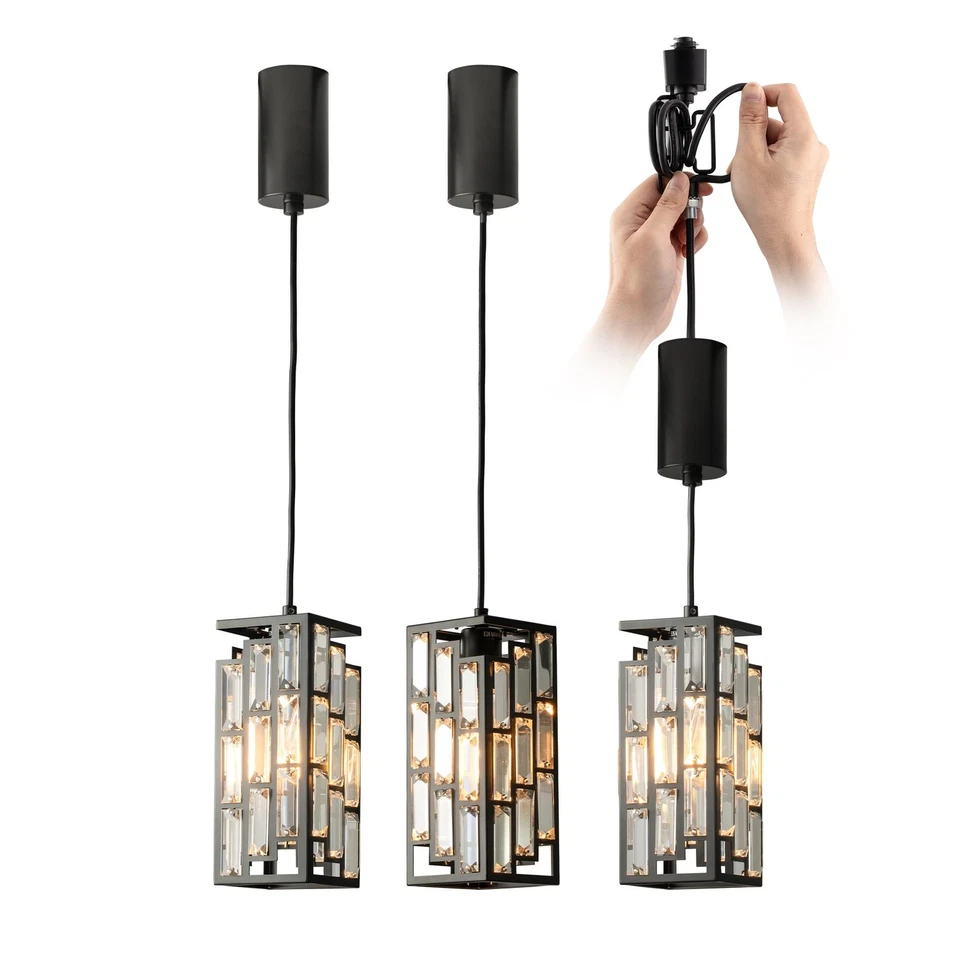 H-Type Black Rectangular Mini Crystal Track Lighting Pendant with E26 Socket,... - Image 1 of 1