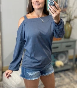 One Cold Shoulder Cutout Waffle Asymmetrical Long Sleeve Top Blue S/M/L/XL - Picture 1 of 8