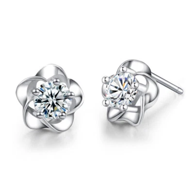 2er Set 316L Borchie Orecchio IN Acciaio Inox Fiore Rosa Zirconia Argento Chiaro - Immagine 1 di 2