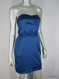 BCBG Strapless Dress Sz 2 XS Blue Satin Fitted Flower Mini Prom Party Sexy Mini - Picture 1 of 10