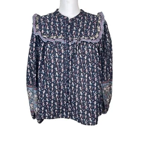Camisa Joie Mujer L Floral Manga Larga Con Botones Volantes Azul Campesino Azul Boho - Imagen 1 de 10