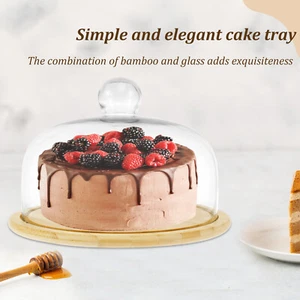 Wood Cake Stand with Glass Lid 10.6 inch 360 Degree Rotating Cake Plate/ - Picture 1 of 12