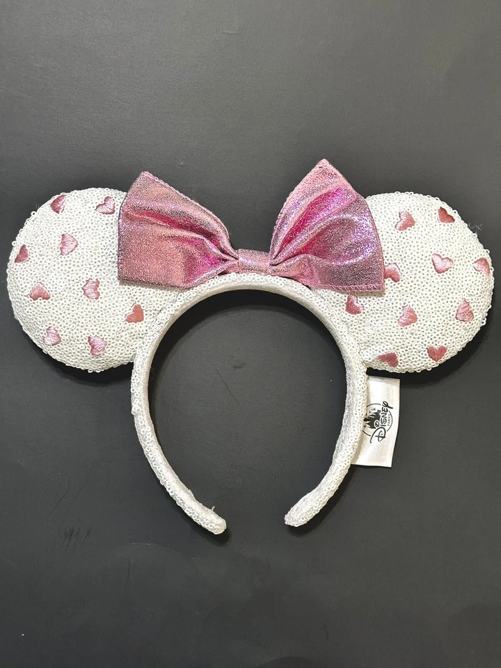 White Heart Sequin Mickey Mouse Minnie Ears Disney Parks Pink Bow Headband - Image 1 of 1