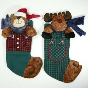 Set of 2 Christmas Stockings Teddy Bear and Moose or Reindeer 3D 20" Plush - Picture 1 of 7