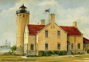 Alter Mackinac Point Leuchtturm Michigan Kühlschrankmagnet. Gerald Hill Aquarell Kunst - Bild 1 von 2