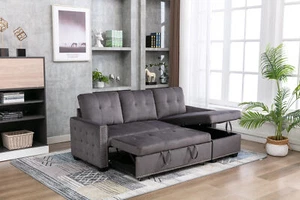 L-Shaped Sectional Pull Out Sofa Bed Convertible Sleeper Sofa Storage Chaise NEW - Picture 1 of 10