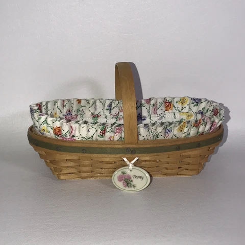 Longaberger 2005 Peony Miniature Basket with Fabric Liner & Tie On, Retired Cover