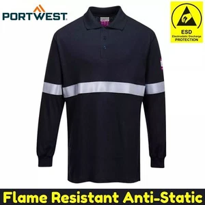 PORTWEST Anti-Static Flame Resistant Polo Shirt Long Sleeve Reflective Welding - Picture 1 of 7
