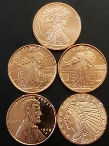 Juego de 5 rondas de cobre brillantes sin circular con diseño de moneda de 1 oz - Imagen 1 de 2