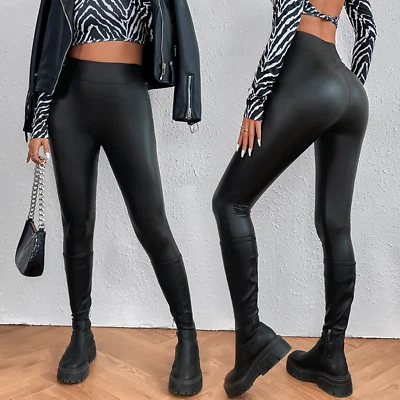 Damen Thermo Fleece Leggings Leggins Hose Leder-Optik Hohe Taille High-Waist - Bild 1 von 4