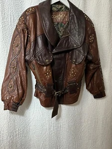 Vintage 80er Nieten Gladiator 2 Ton Braun Biker Leder Jacke Mallorca Spanien Gr. M - Bild 1 von 19