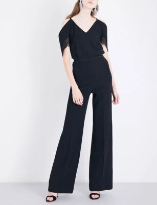 Mono ROLAND MOURET Negro Lana Fuera del Hombro Pierna Ancha Burnstein EE. UU. 2 UK 6 Foto 1 de 4