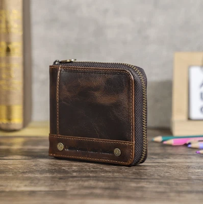 Men's Compact Brown Leather RFID Blocking Small Wallet Pocket Card Coin Holder - Image 1 of 4
