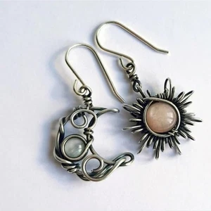 Elegant Vintage Style Sun and Moon Earrings Symbolic Harmony Boho Chic Handmade - Picture 1 of 9