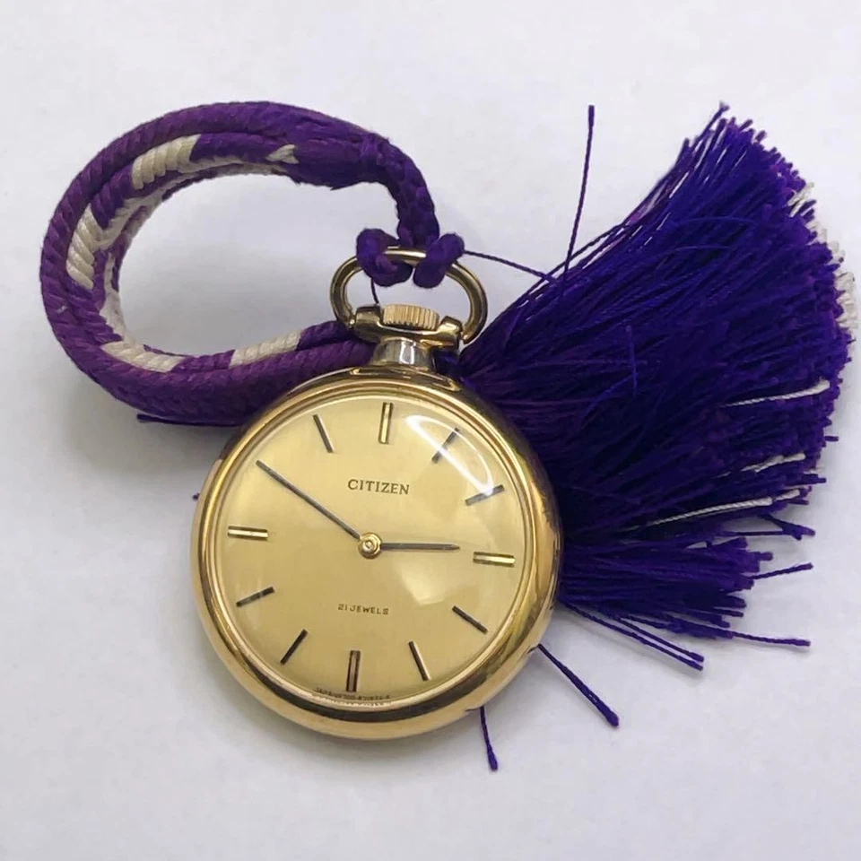 Reloj Bolsillo Mecánico Citizen Oro Grabado Hoja Diseño Borla Púrpura Correa Foto 1 de 4