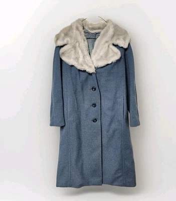 Abrigo de mujer vintage años 60 cuello de piel sintética princesa talla 16 azul tweed mod swing  Foto 1 de 4