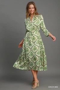 Umgee grün Blumendruck Schlitz V-Ausschnitt, A-Linie Midikleid mit Bindegürtel Taille - Bild 1 von 5