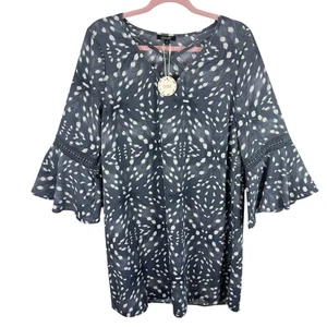 Oddy Neu mit Etikett Boutique grau weiß 3/4 Glockenärmel V-Ausschnitt Häkel Etuikleid Größe L - Bild 1 von 6