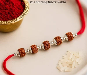 925 Rein Silber 5 Perlen Rudraksha Rakshabandhan Spezial Rakhi für Bruder - Bild 1 von 10
