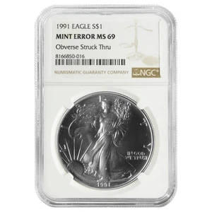 1991 $1 American Silver Eagle NGC MS69 Mint Error Obverse Strike Thru - Picture 1 of 2