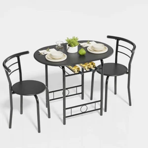 New 3 Piece Dining Set for 2, Space Saving Kitchen Table & Chairs, Black - Picture 1 of 12