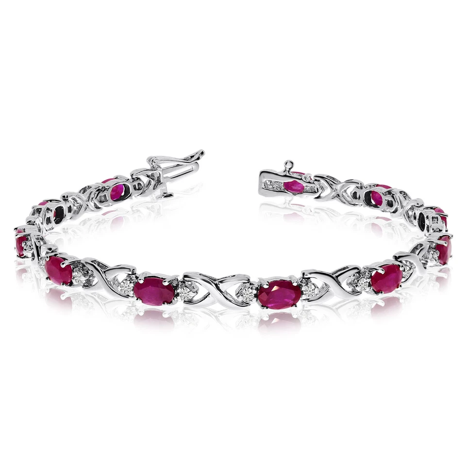 7" 14K White Gold Natural Oval Ruby & Diamond Tennis Bracelet TB906XW-07 - Image 1 of 1